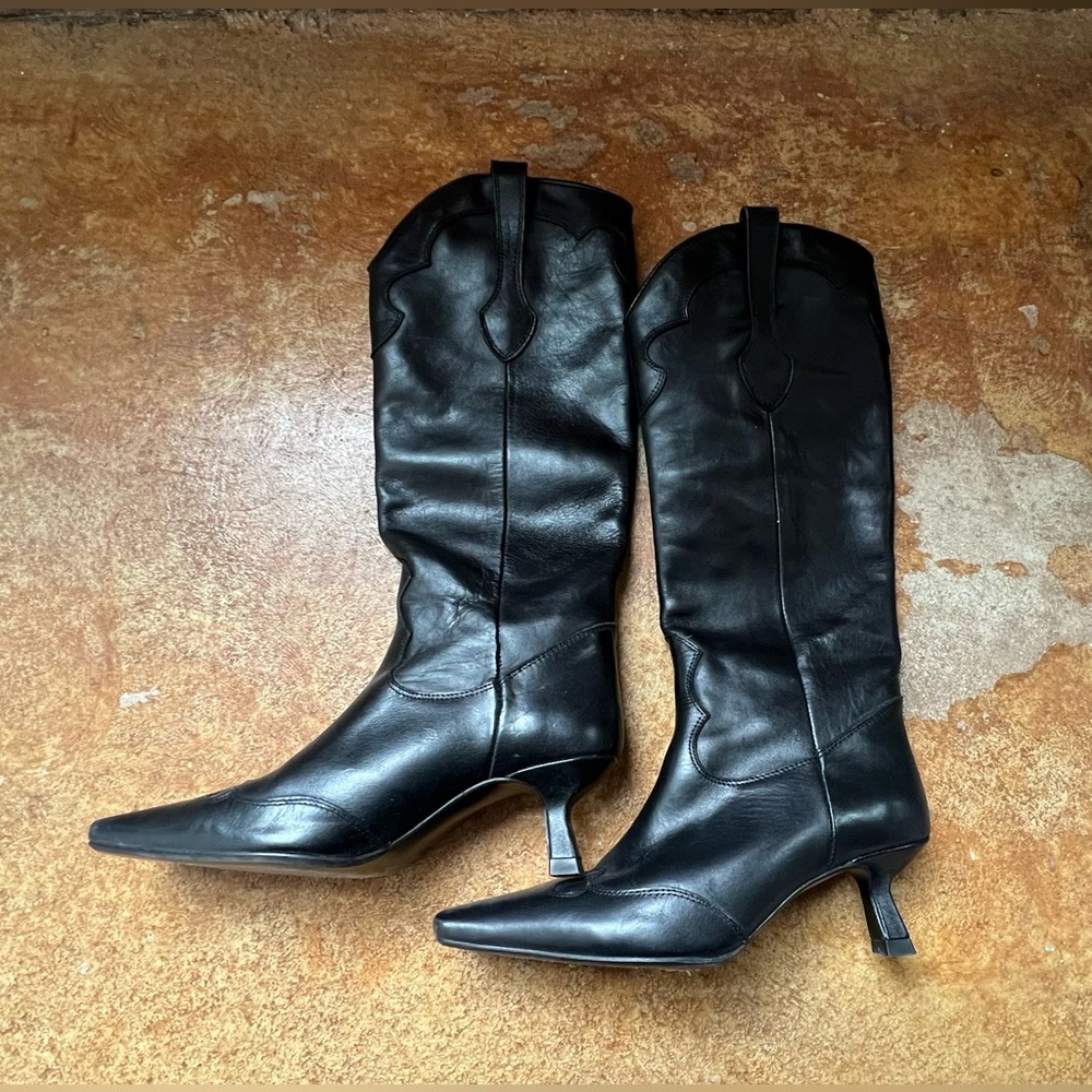 Mango Black Western Kitten Heel Knee High Boots
